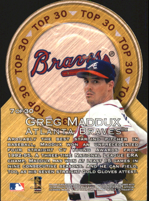 1997 Ultra Top 30 Gold Medallion #7 Greg Maddux back image