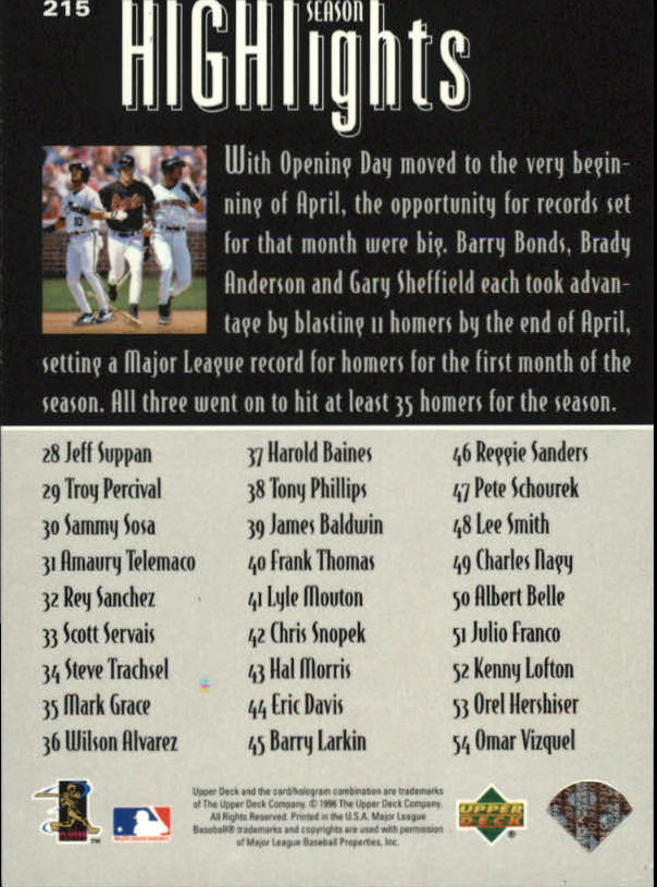 1997 Upper Deck #215 Bonds/Sheff/Brady HL/CL back image