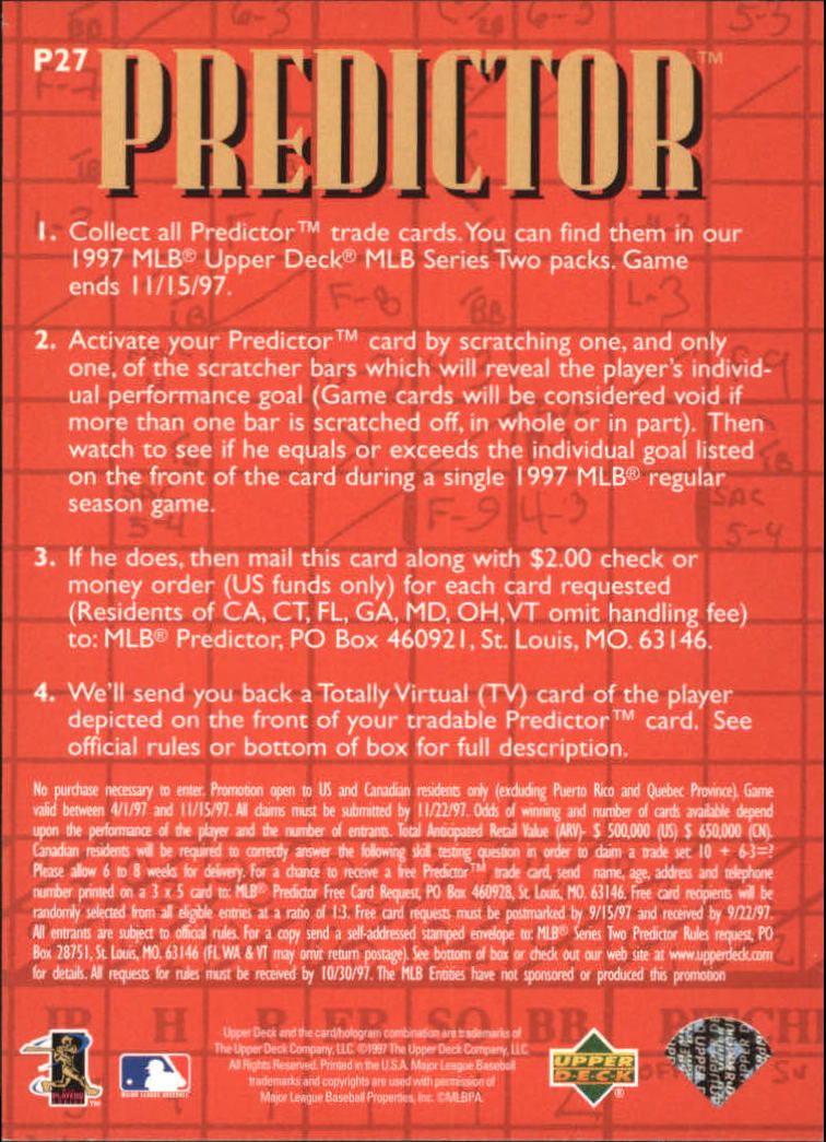 1997 Upper Deck Predictor #27 Alex Rodriguez back image