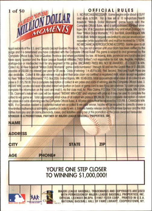 1997 Fleer Baseball "Million Dollar Moments" Insert Cards - Picture 3 of 88