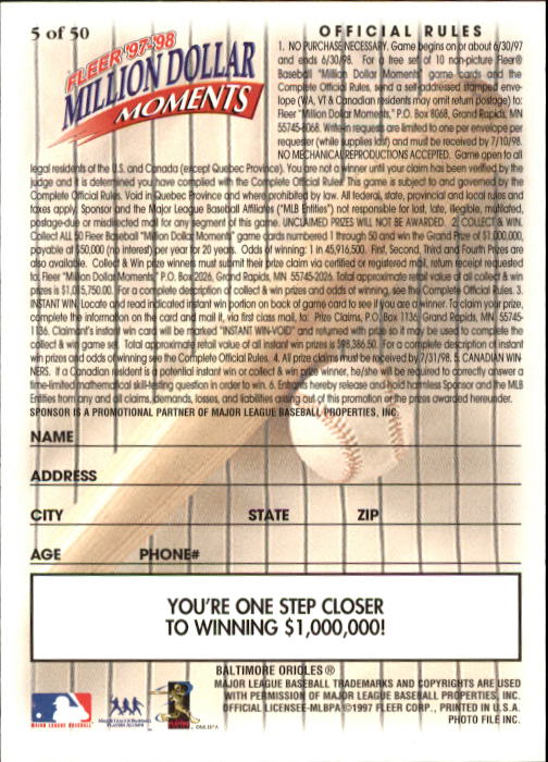 1997 Fleer Baseball "Million Dollar Moments" Insert Cards - Picture 11 of 88