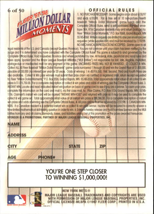 1997 Fleer Baseball "Million Dollar Moments" Insert Cards - Picture 13 of 88