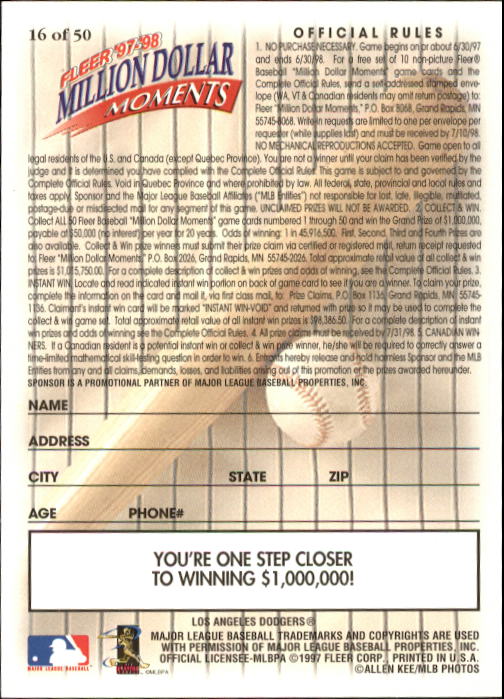 1997 Fleer Baseball "Million Dollar Moments" Insert Cards - Picture 33 of 88