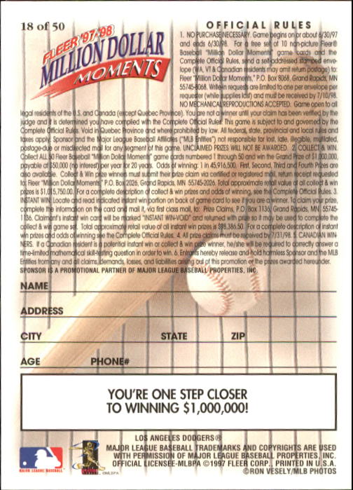 1997 Fleer Baseball "Million Dollar Moments" Insert Cards - Picture 37 of 88