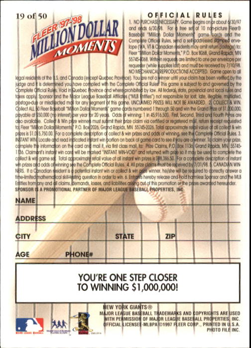 1997 Fleer Baseball "Million Dollar Moments" Insert Cards - Picture 39 of 88