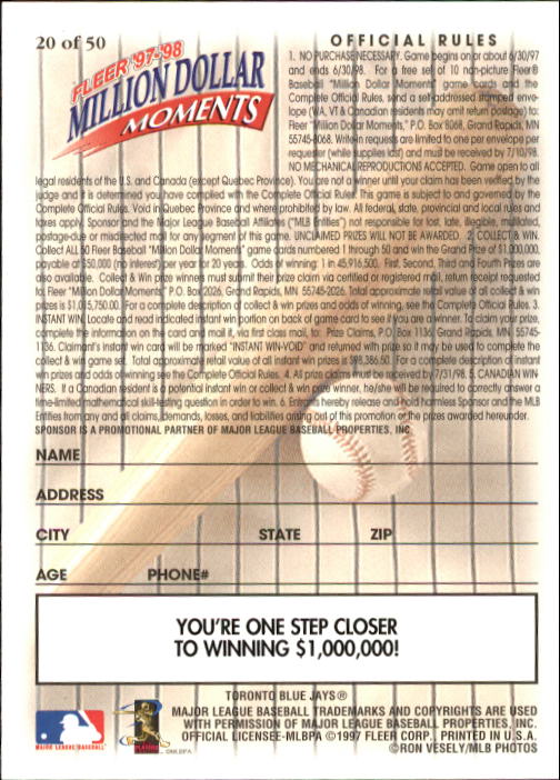 1997 Fleer Baseball "Million Dollar Moments" Insert Cards - Picture 41 of 88