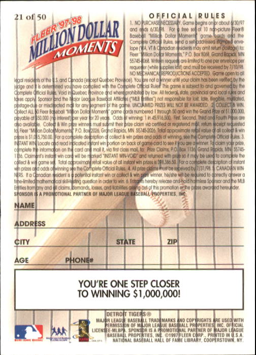 1997 Fleer Baseball "Million Dollar Moments" Insert Cards - Picture 43 of 88