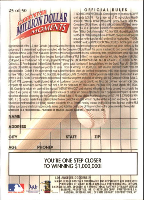 1997 Fleer Baseball "Million Dollar Moments" Insert Cards - Picture 50 of 88