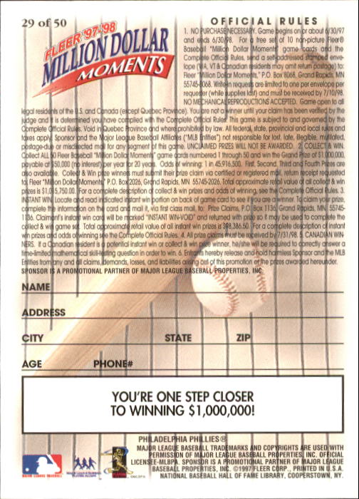 1997 Fleer Baseball "Million Dollar Moments" Insert Cards - Picture 56 of 88