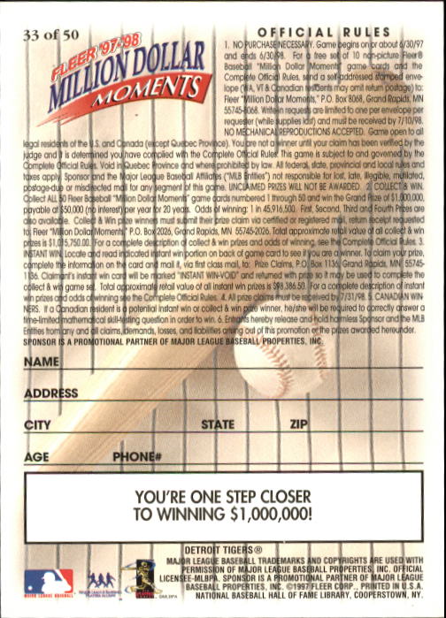 1997 Fleer Baseball "Million Dollar Moments" Insert Cards - Picture 64 of 88