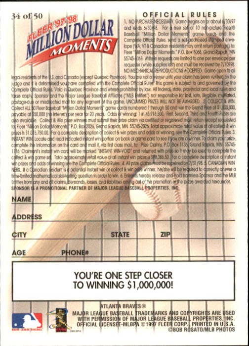 1997 Fleer Baseball "Million Dollar Moments" Insert Cards - Picture 66 of 88