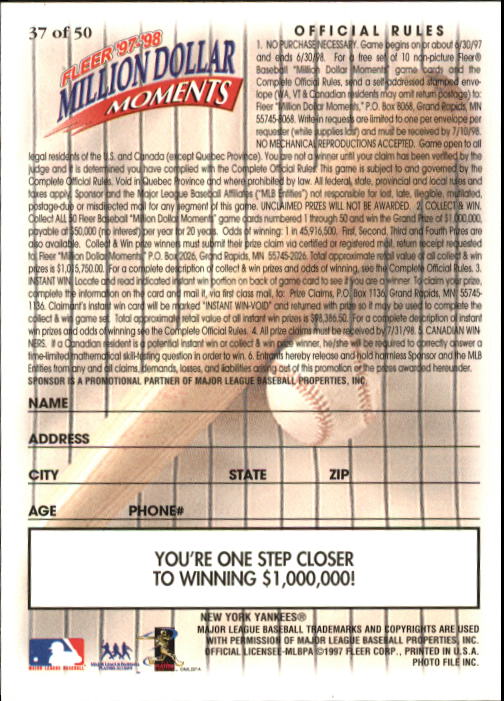 1997 Fleer Baseball "Million Dollar Moments" Insert Cards - Picture 72 of 88