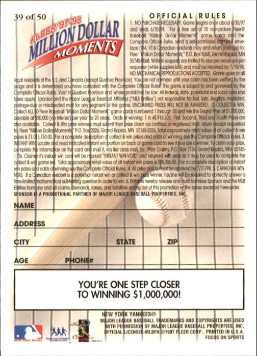1997 Fleer Baseball "Million Dollar Moments" Insert Cards - Picture 76 of 88
