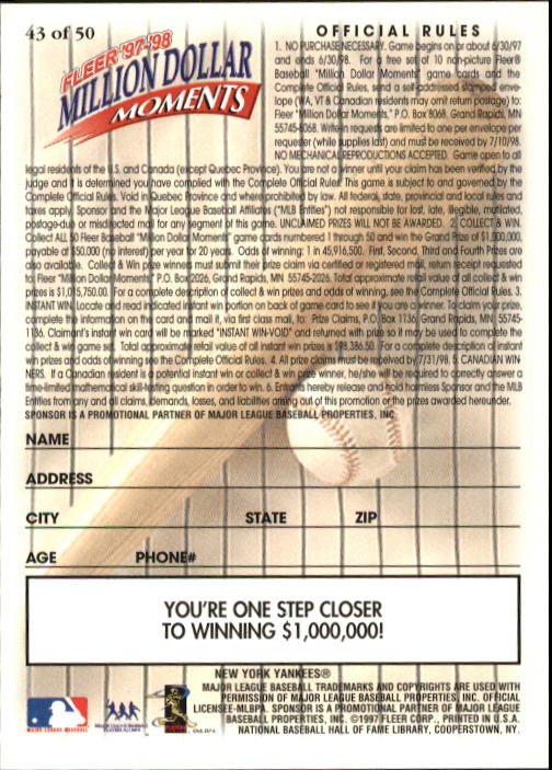 1997 Fleer Baseball "Million Dollar Moments" Insert Cards - Picture 84 of 88