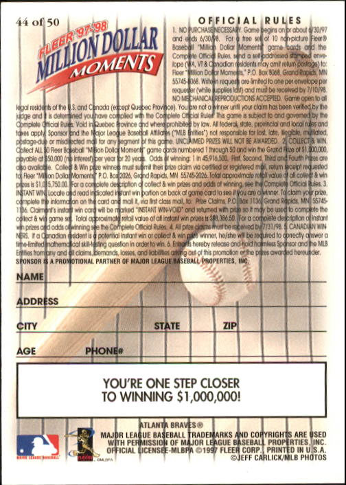 1997 Fleer Baseball "Million Dollar Moments" Insert Cards - Picture 86 of 88