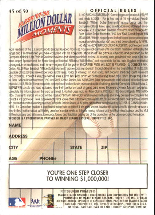 1997 Fleer Baseball "Million Dollar Moments" Insert Cards - Picture 88 of 88