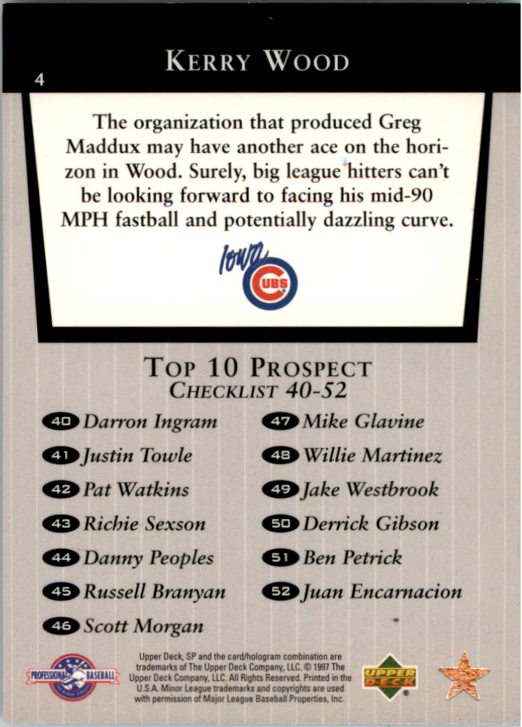 1998 SP Top Prospects #4 Kerry Wood T10 back image