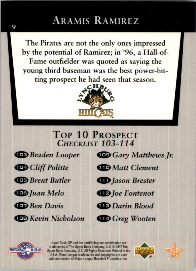 1998 SP Top Prospects #9 Aramis Ramirez T10 back image