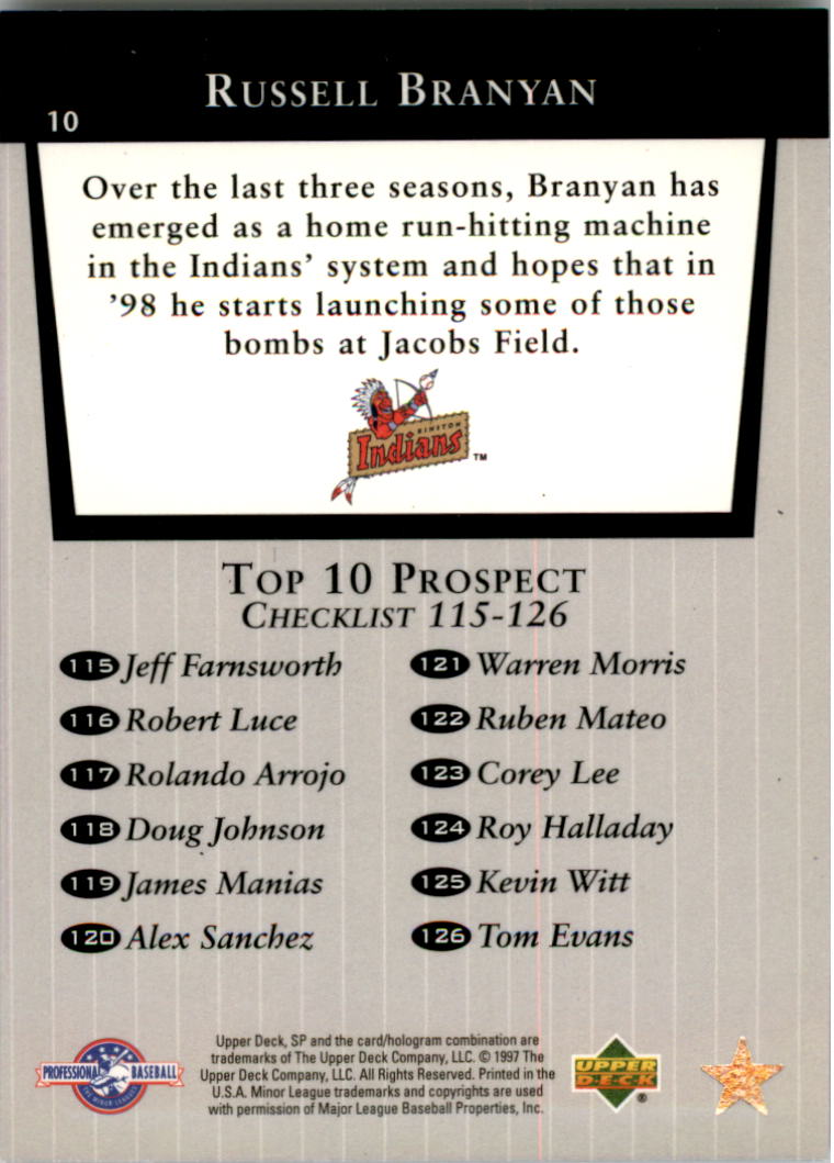 1998 SP Top Prospects #10 Russell Branyan T10 back image