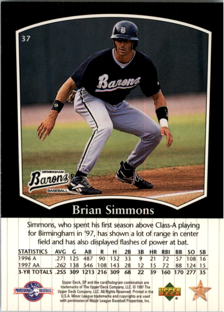1998 SP Top Prospects #37 Brian Simmons back image