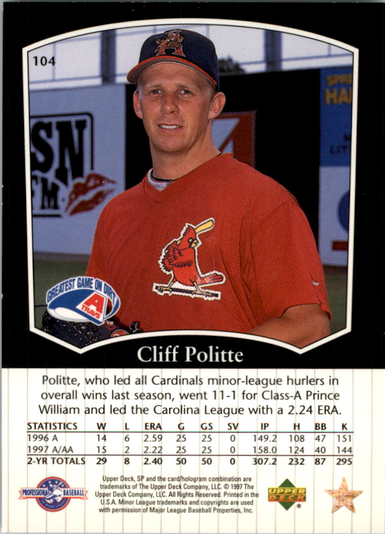 1998 SP Top Prospects #104 Cliff Politte back image