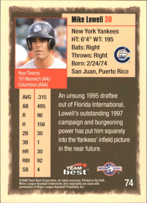 1998 Best #74 Mike Lowell back image