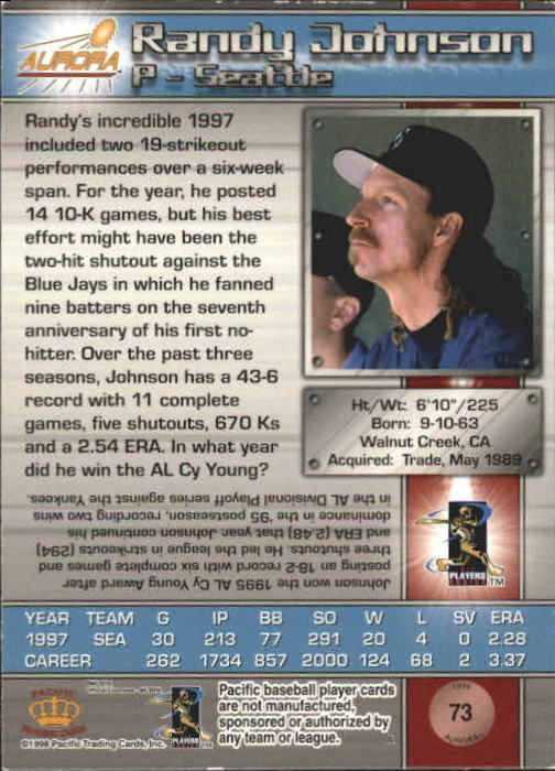 1998 Aurora #73 Randy Johnson back image