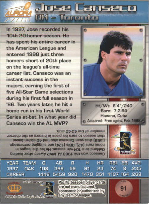 1998 Aurora #91 Jose Canseco back image