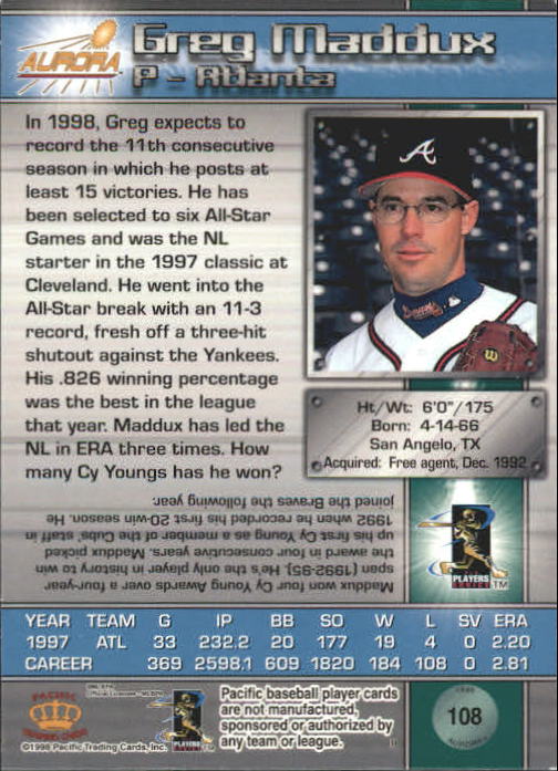 1998 Aurora #108 Greg Maddux back image