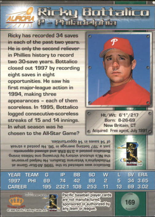 1998 Aurora #169 Ricky Bottalico back image