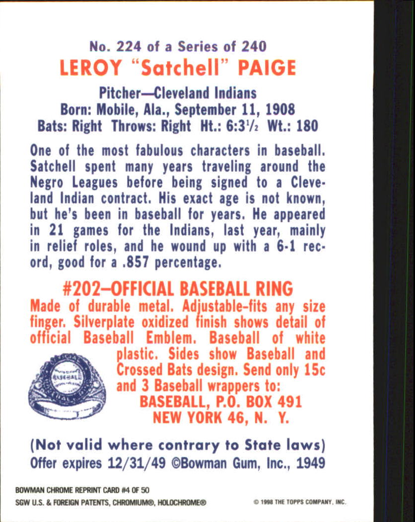 1998 Bowman Chrome Reprints #4 Satchell Paige back image