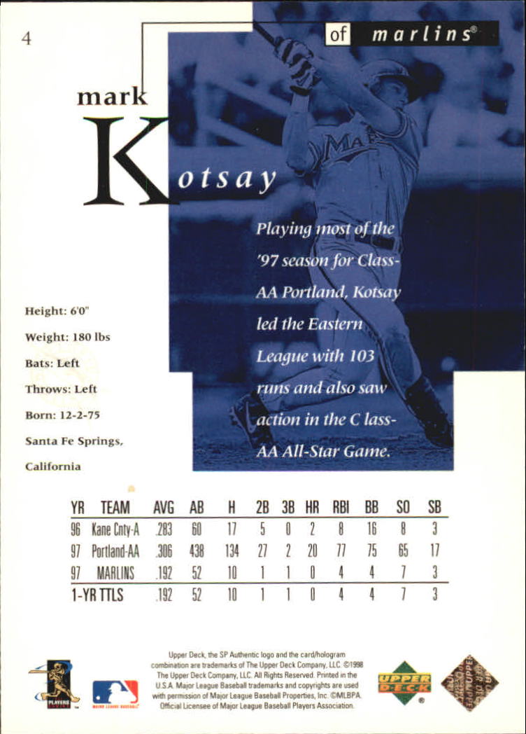 1998 SP Authentic #4 Mark Kotsay FOIL back image