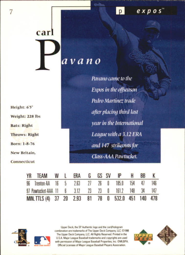 1998 SP Authentic #7 Carl Pavano FOIL back image