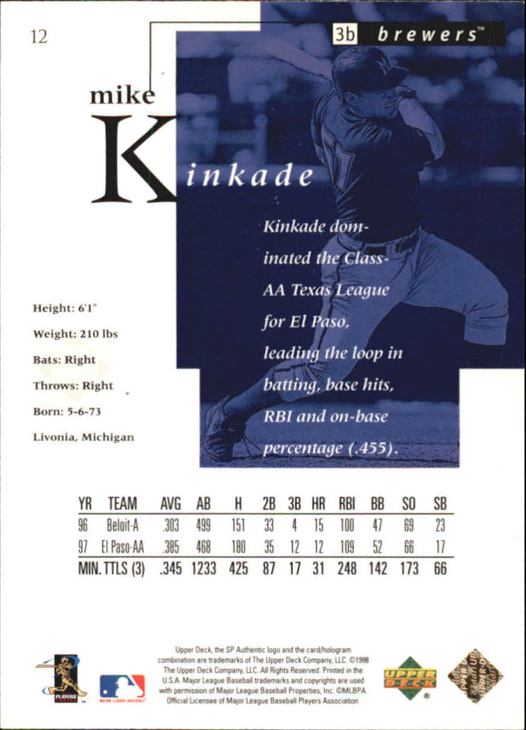 1998 SP Authentic #12 Mike Kinkade FOIL RC back image