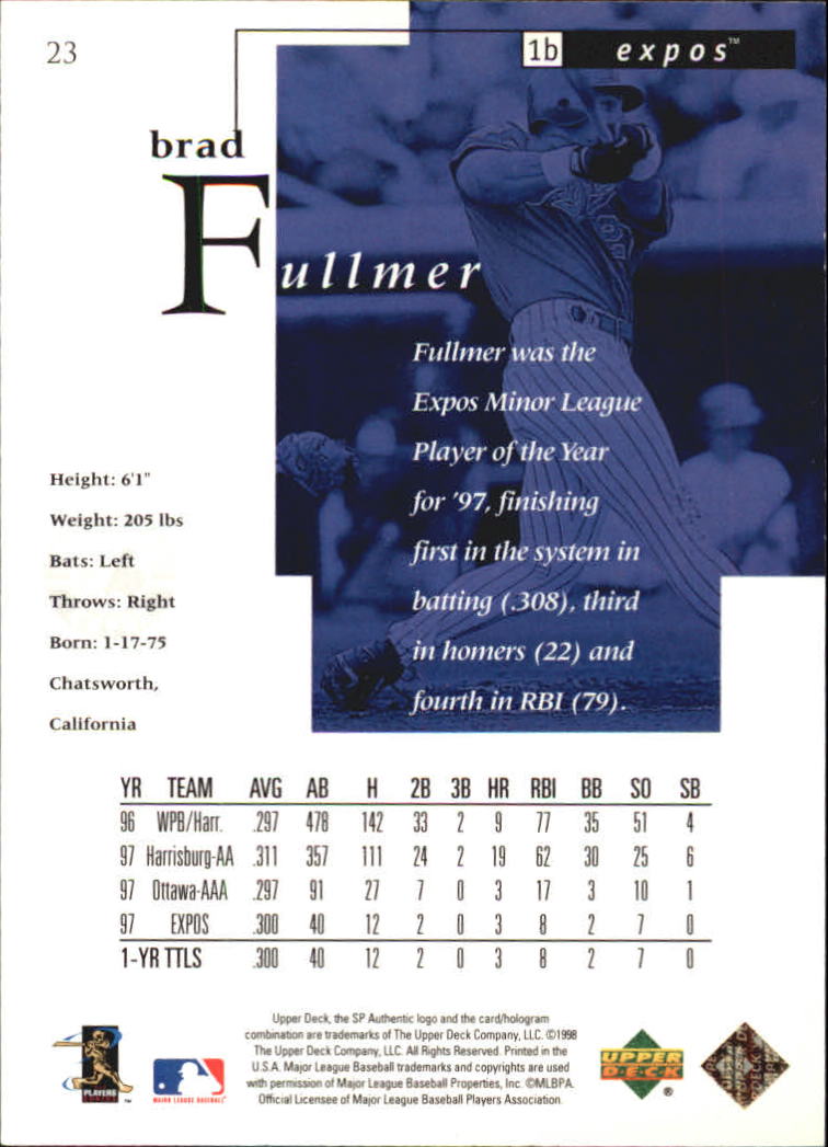 1998 SP Authentic #23 Brad Fullmer FOIL back image