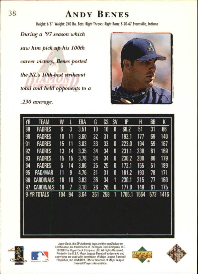 1998 SP Authentic #38 Andy Benes back image