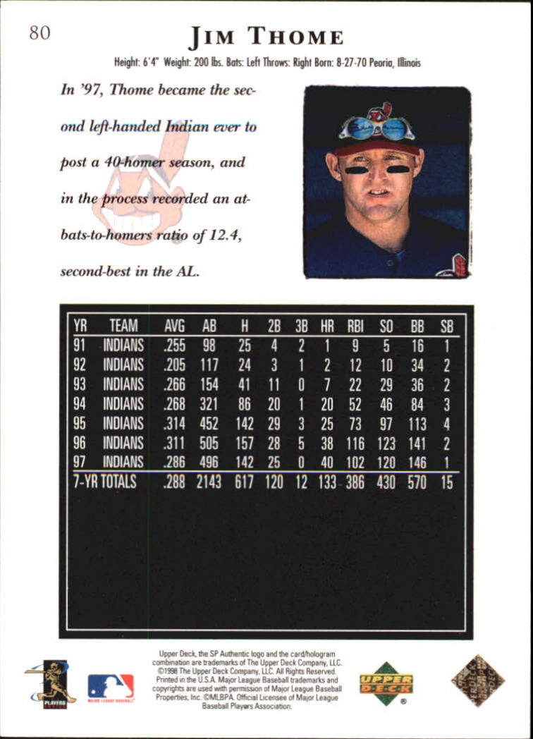 1998 SP Authentic #80 Jim Thome back image