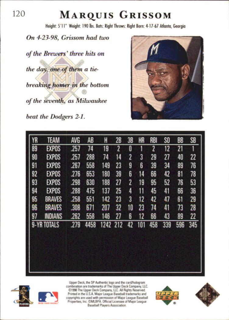 1998 SP Authentic #120 Marquis Grissom back image