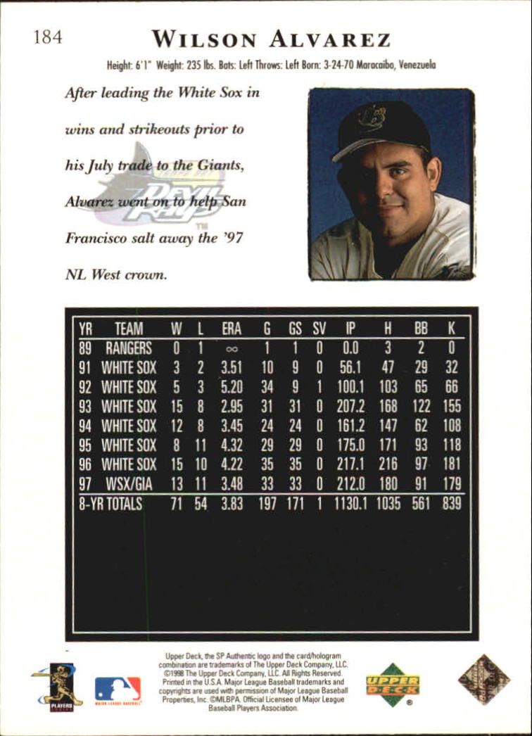 1998 SP Authentic #184 Wilson Alvarez back image