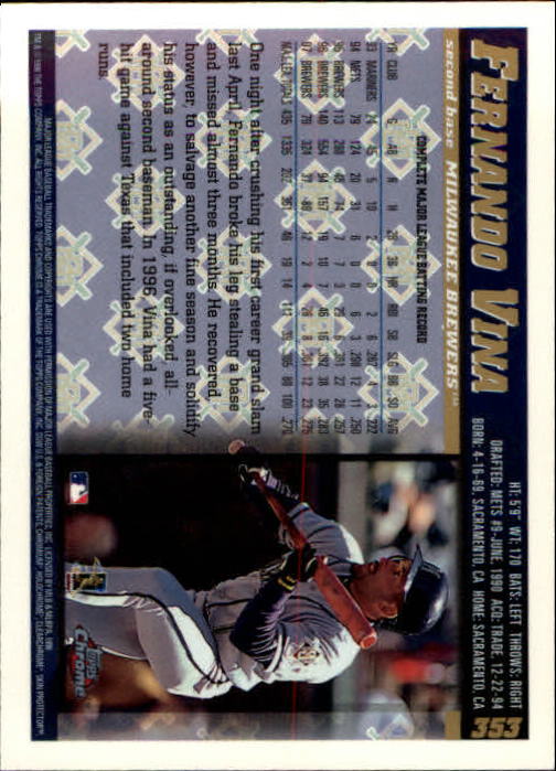 1998 Topps Chrome #353 Fernando Vina back image