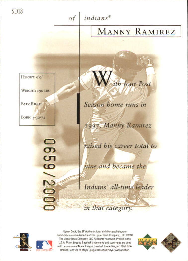 1998 SP Authentic Sheer Dominance Gold #SD18 Manny Ramirez back image