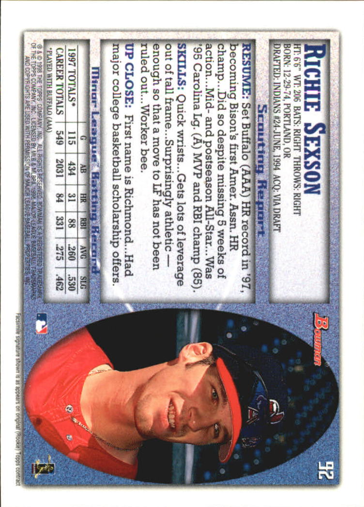 1998 Bowman International #92 Richie Sexson back image