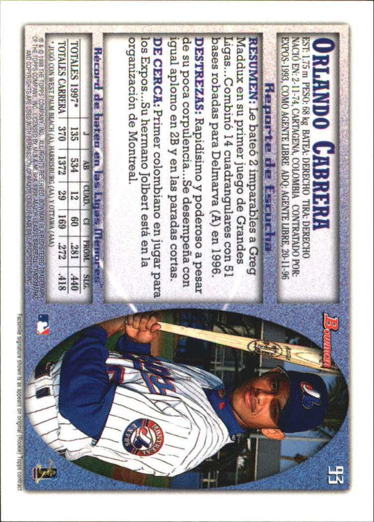 1998 Bowman International #93 Orlando Cabrera back image