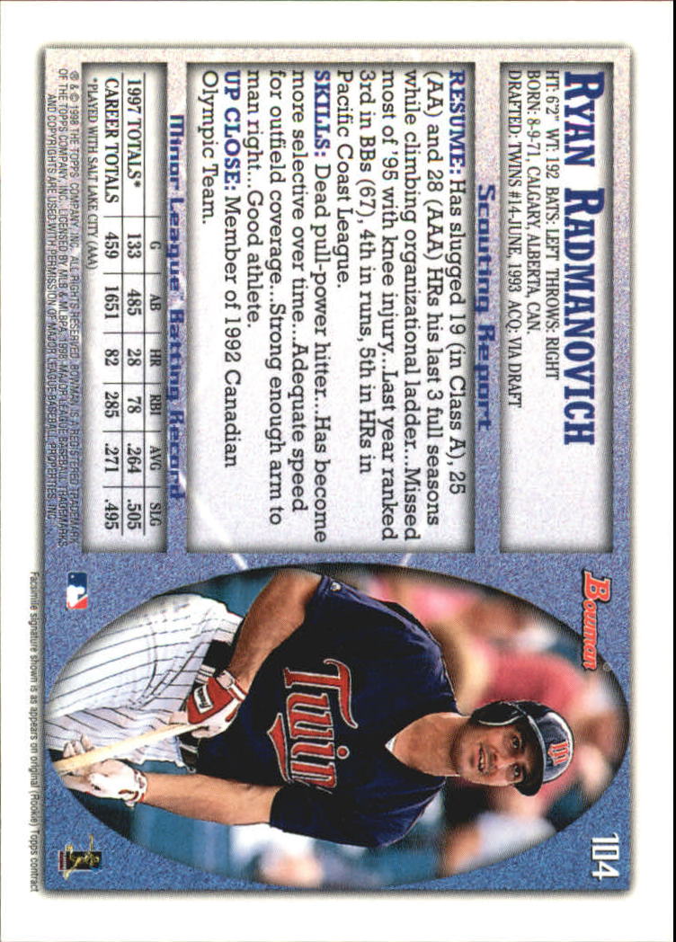 1998 Bowman International #104 Ryan Radmanovich back image
