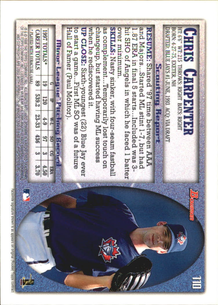 1998 Bowman International #110 Chris Carpenter back image