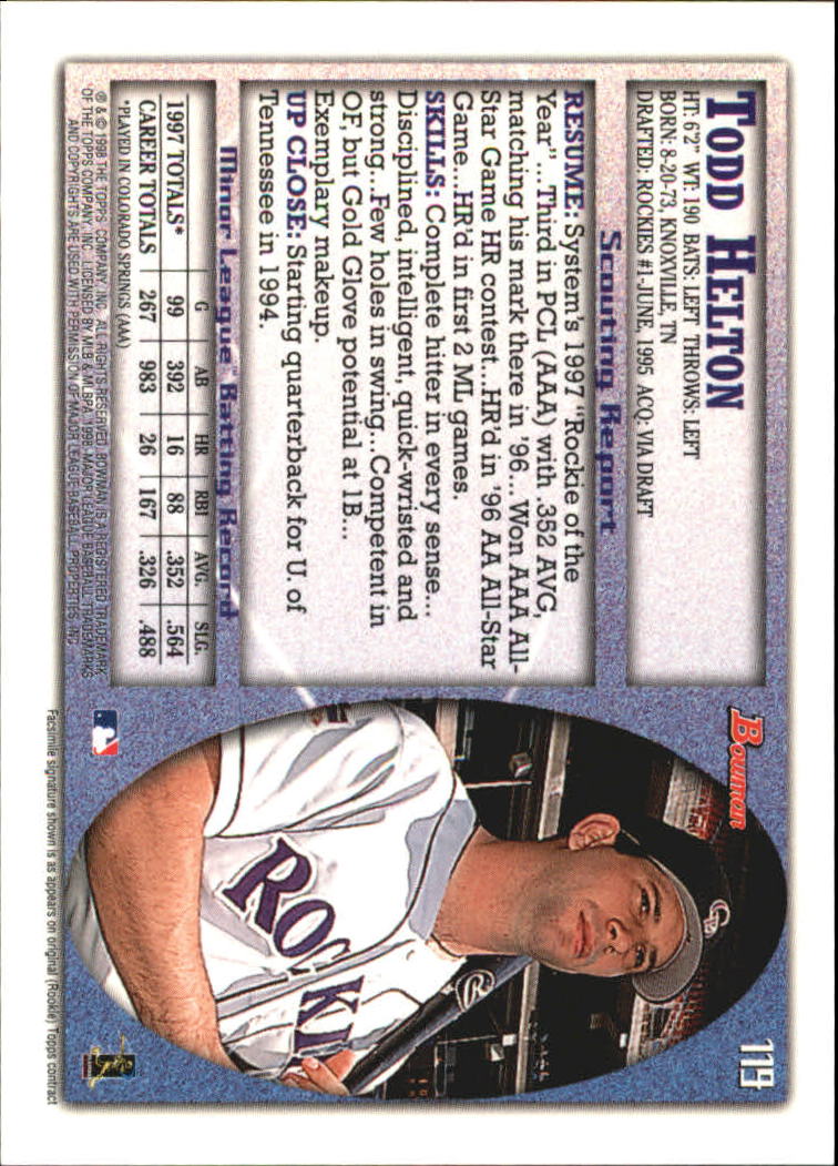 1998 Bowman International #119 Todd Helton back image