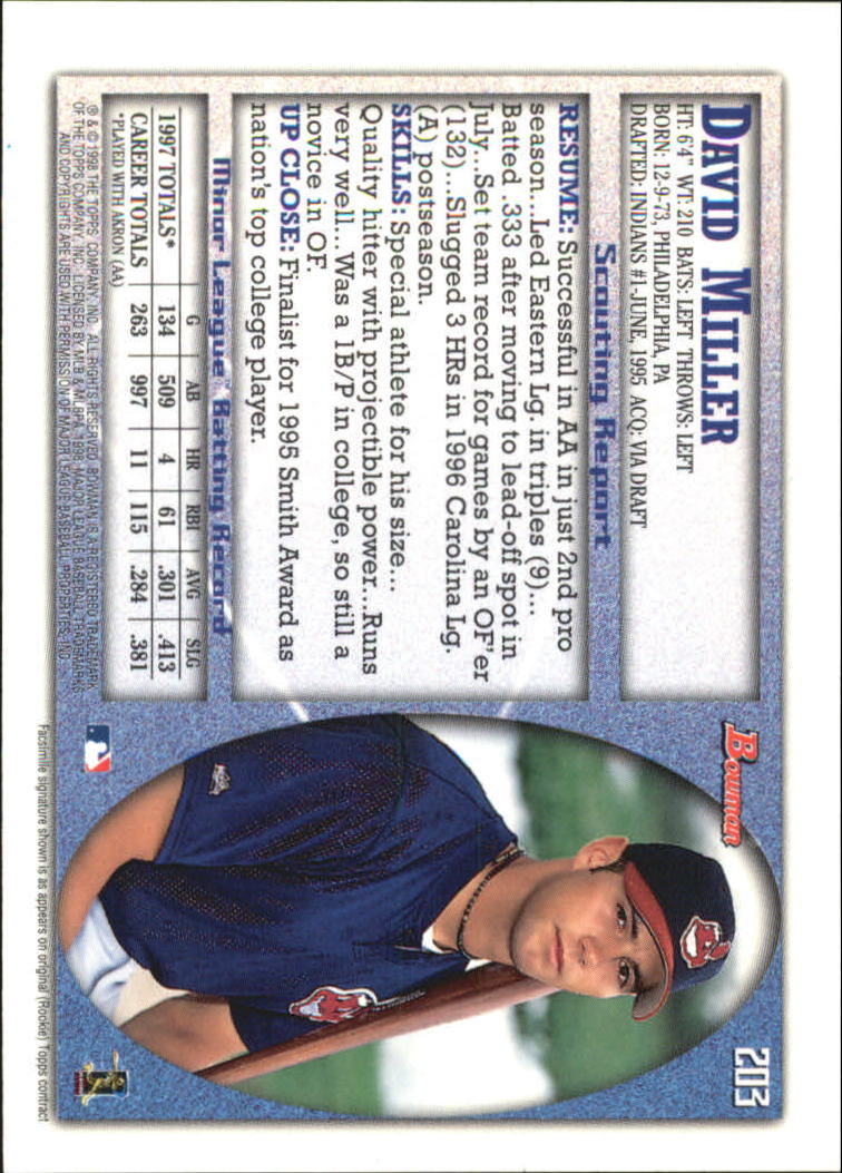1998 Bowman International #203 David Miller back image