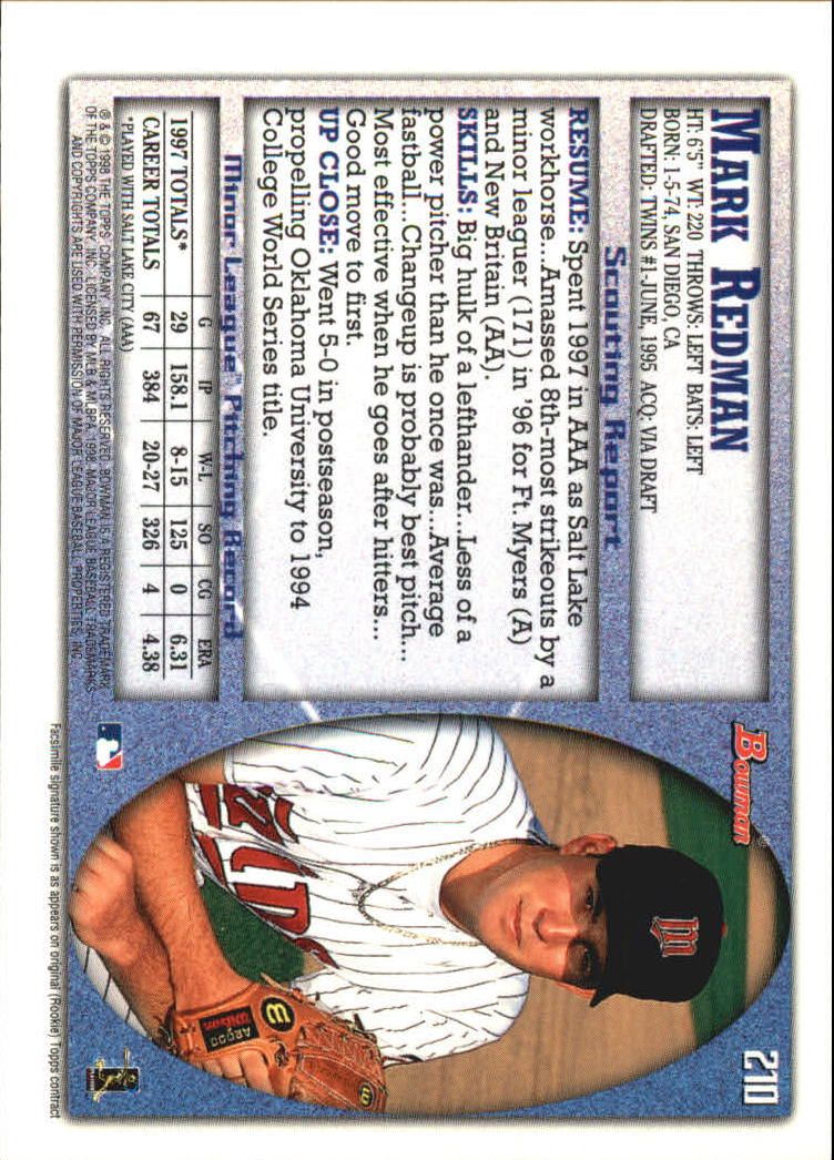 1998 Bowman International #210 Mark Redman back image