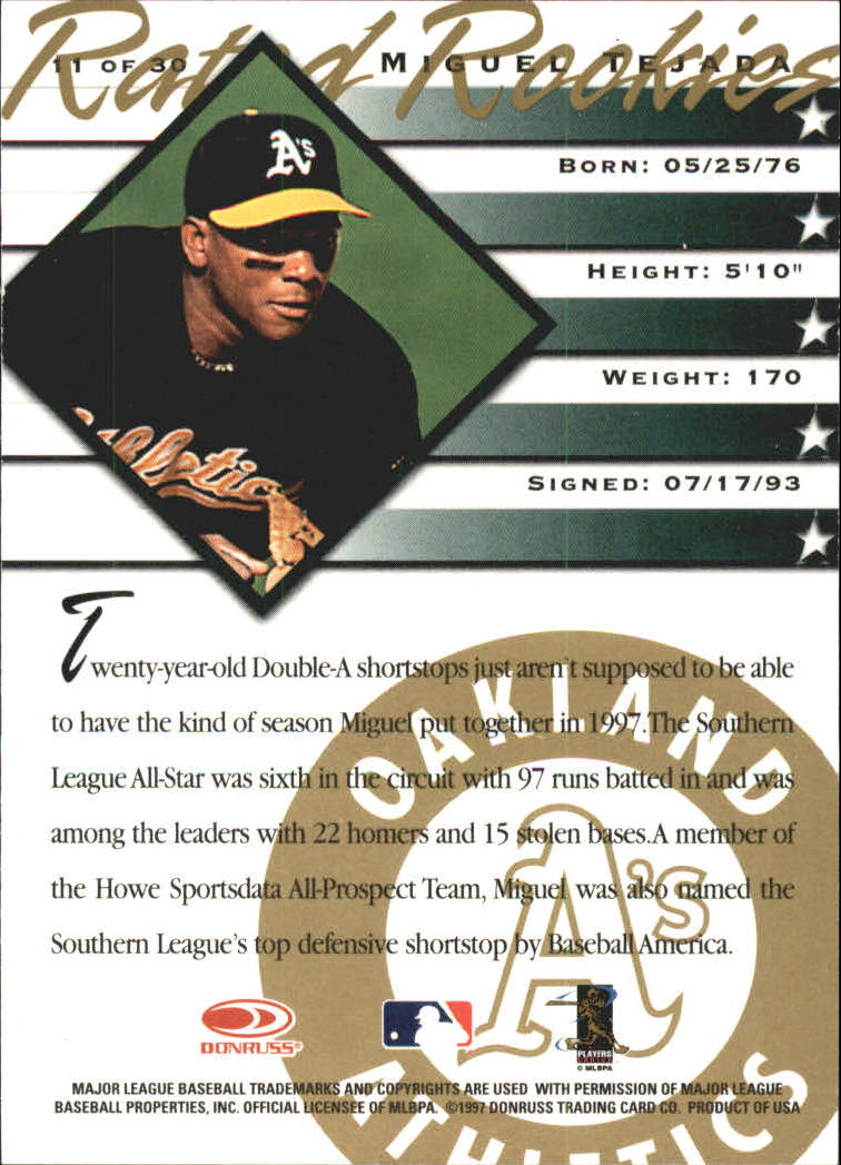 1998 Donruss Rated Rookies Medalists #11 Miguel Tejada back image