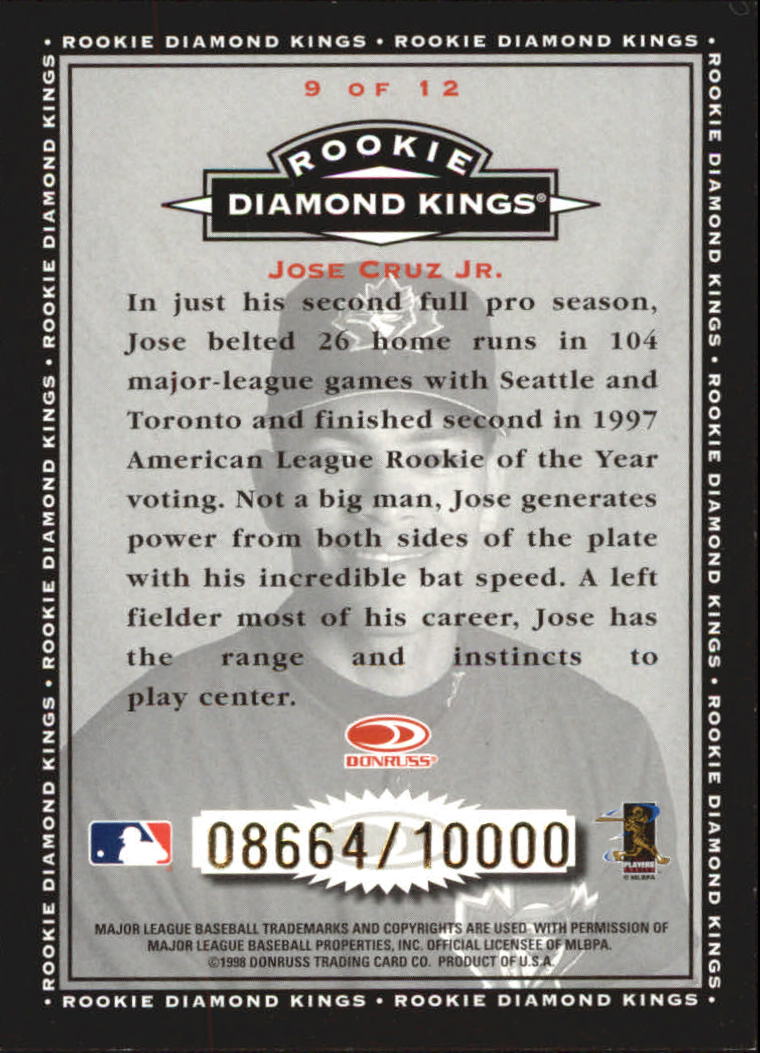 1998 Donruss Rookie Diamond Kings #9 Jose Cruz Jr. back image